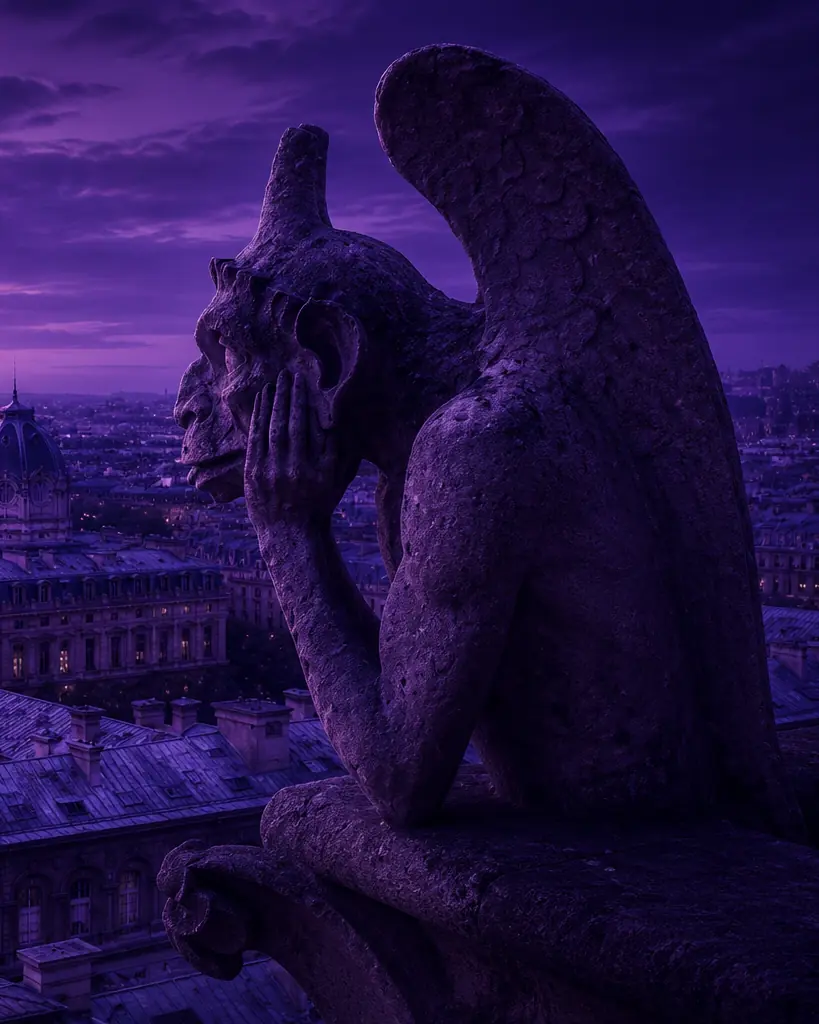 A stone gargoyle looking out over a city at violet dusk